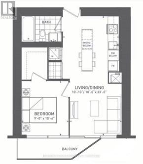 Toronto (Waterfront Communities) condo for rent - A black and white floor plan of an apartment with a living/dining area, bedroom, and bathroom.
