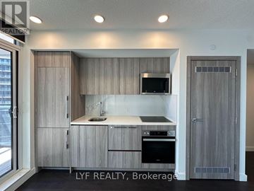 Toronto (Waterfront Communities) condo for rent - A modern kitchen with wooden cabinets and a black oven.