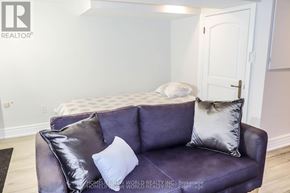 Toronto (Trinity-Bellwoods) apartment for rent - A purple couch with three pillows sits in a room with a white door.