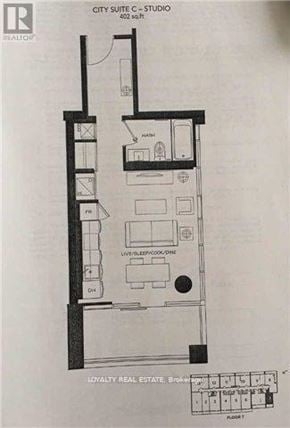 Toronto (Church-Yonge Corridor) condo for rent - A floor plan for a studio apartment is shown with labeled rooms and appliances.