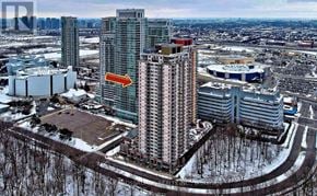 Toronto (Bendale) condo for rent - A red arrow points to a building in a cityscape.