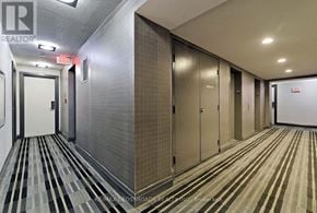 Toronto (Bendale) condo for rent - A hallway with a striped carpet and a wall with a honeycomb pattern.