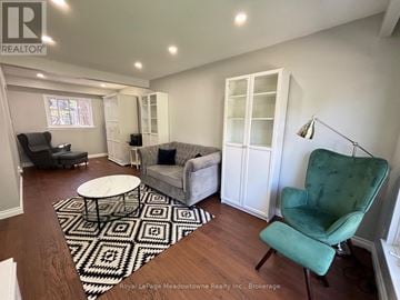 Milton (Dp Dorset Park) apartment for rent - A living room with a green chair and a black and white rug.