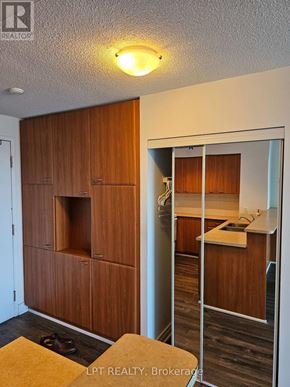 Toronto (Woburn) condo for rent - A wooden cabinet with a glass door is in the foreground.