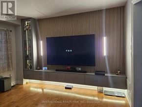 Brampton (Credit Valley) apartment for rent - A modern living room with a flat screen TV mounted on a striped wall.