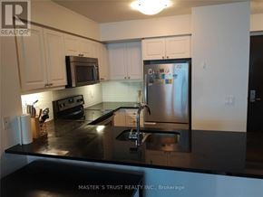 Toronto (Waterfront Communities) condo for rent - A kitchen with a black counter top and stainless steel appliances.