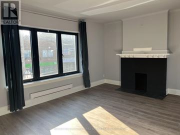 Toronto (Roncesvalles) apartment for rent - A living room with a fireplace and large windows.