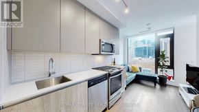 Toronto (Waterfront Communities) condo for rent - A modern kitchen with a sink, stove, and microwave.