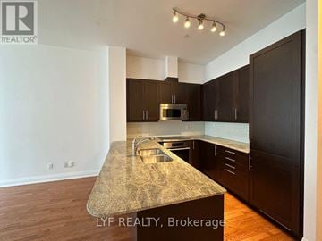 Toronto (Annex) condo for rent - A kitchen with a granite countertop and dark brown cabinets.