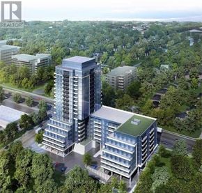 Toronto (Tam O'shanter-Sullivan) condo for rent - A modern multi-story building with a green roof is surrounded by trees and other buildings.
