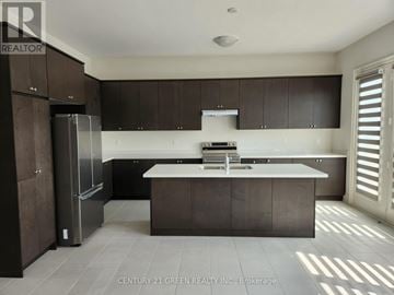 Whitchurch-Stouffville (Stouffville) apartment for rent - A modern kitchen with dark brown cabinets and a white countertop.