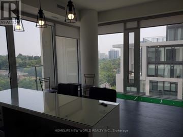 Toronto (Mount Pleasant West) condo for rent - A modern kitchen with a glass table and chairs, overlooking a cityscape.