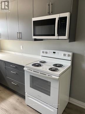 Halton Hills (Georgetown) multi-family for rent - A white stove and microwave in a kitchen.