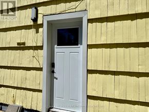 Niagara Falls (Downtown) multi-family for rent - A white door with a small window is set in a yellow wall.