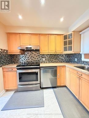 Markham (Markville) apartment for rent - A kitchen with wooden cabinets and a stainless steel dishwasher.