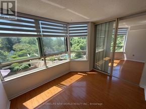 Toronto (Newtonbrook West) condo for rent - A sunny room with wooden floors and a view of a garden through the windows.