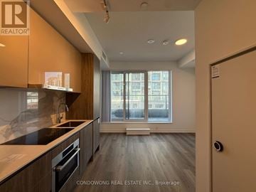 Toronto (Moss Park) condo for rent - A kitchen with a black counter top and wooden cabinets.