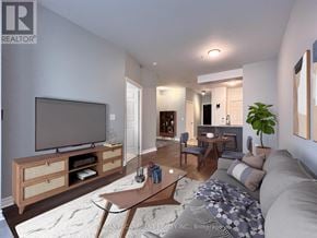 Oakville (Ro River Oaks) condo for rent - A modern living room with a glass table and a television.