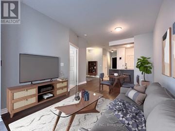 Oakville (Ro River Oaks) condo for rent - A modern living room with a glass table and a television.