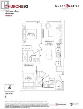 Toronto (Church-Yonge Corridor) condo for rent - A floor plan for a condo unit at Queen Central shows a living area, a bedroom, a den, and a bathroom.