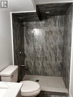 Brampton (Brampton East) apartment for rent - A bathroom with a toilet, a walk-in shower, and a marble wall.