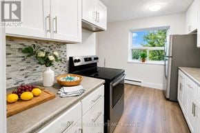 Hamilton (Durand) house for rent - A kitchen with a tile backsplash and a window with a view of trees.