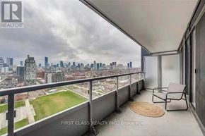 Toronto (Regent Park) condo for rent - A balcony with a view of the city skyline.