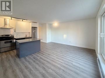Toronto (South Riverdale) apartment for rent - A spacious kitchen with a stove top oven and a refrigerator.