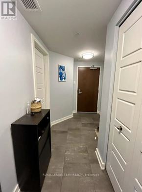 Ottawa condo for rent - A hallway with a black cabinet and a brown door.