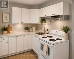 Oshawa (Lakeview) multi-family for rent - A white kitchen with a stove, sink, and cabinets.