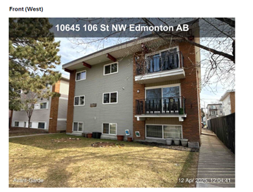 Edmonton apartment for rent - A building with the address 10645 106 St NW Edmonton AB is shown.