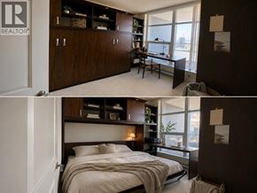 Burnaby apartment for rent - A bedroom with a bed, desk, and shelves.