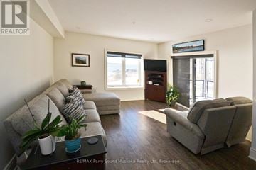 Parry Sound condo for rent - A living room with a grey couch and a coffee table with a plant on it.
