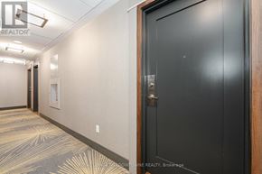 Mississauga (Hurontario) condo for rent - A hallway with a black door and a carpet with a palm tree design.