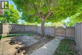 Cambridge townhouse for rent - A tree in a yard with a fence and a concrete walkway.