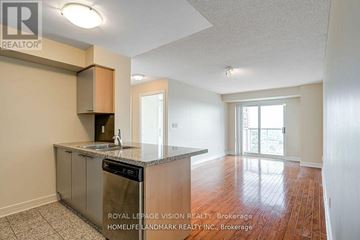 Toronto (Willowdale East) condo for rent - A kitchen with a sink and a dishwasher in a room with wood flooring.