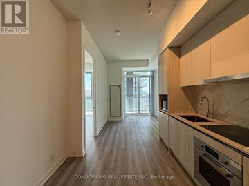 Toronto (Moss Park) condo for rent - A kitchen with wooden cabinets and a stainless steel sink.