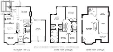 Oakville (Ga Glen Abbey) apartment for rent - A floor plan shows the layout of a main floor, second floor, and lower floor with labeled rooms and measurements.