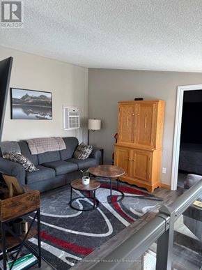 Tillsonburg duplex for rent - A living room with a grey couch, a wooden cabinet, and a rug.