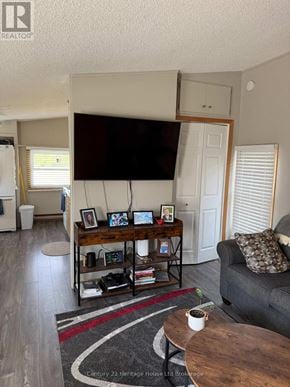 Tillsonburg duplex for rent - A living room with a grey couch, a coffee table, and a television mounted on the wall.