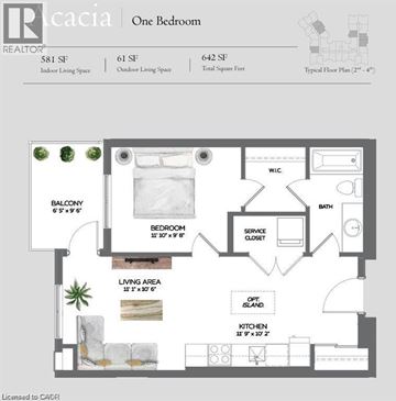Kitchener condo for rent - A floor plan for a one bedroom apartment with a living area, bedroom, kitchen, and bathroom.