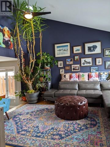 Ottawa apartment for rent - A living room with a grey couch, a rug and a plant.