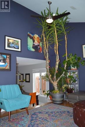 Ottawa apartment for rent - A living room with a blue chair and a large plant.
