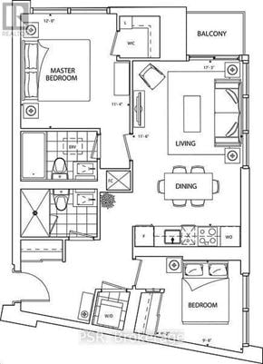 Toronto (Waterfront Communities) condo for rent - A black and white floor plan of an apartment with a master bedroom, living room, dining room, and two other bedrooms.