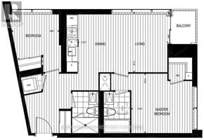 Toronto (Waterfront Communities) condo for rent - A black and white floor plan of an apartment with a master bedroom, living room, dining room, and balcony.