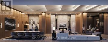 Toronto (Islington-City Centre West) condo for rent - A modern living room with a large couch and a TV on the wall.