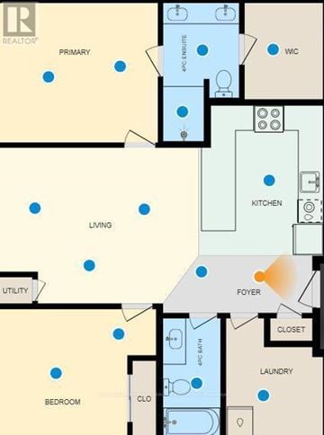Kingston (East Of Sir John A. Blvd) condo for rent - A floor plan of an apartment with a primary bedroom, living room, utility room, and a cloakroom.