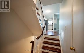 Mississauga (Clarkson) townhouse for rent - A hallway with a staircase and a door on the right.