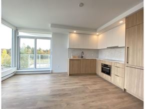 Surrey apartment for rent - A kitchen with wooden cabinets and a large window overlooking a tree-filled landscape.