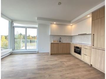 Surrey apartment for rent - A kitchen with wooden cabinets and a large window overlooking a tree-filled landscape.